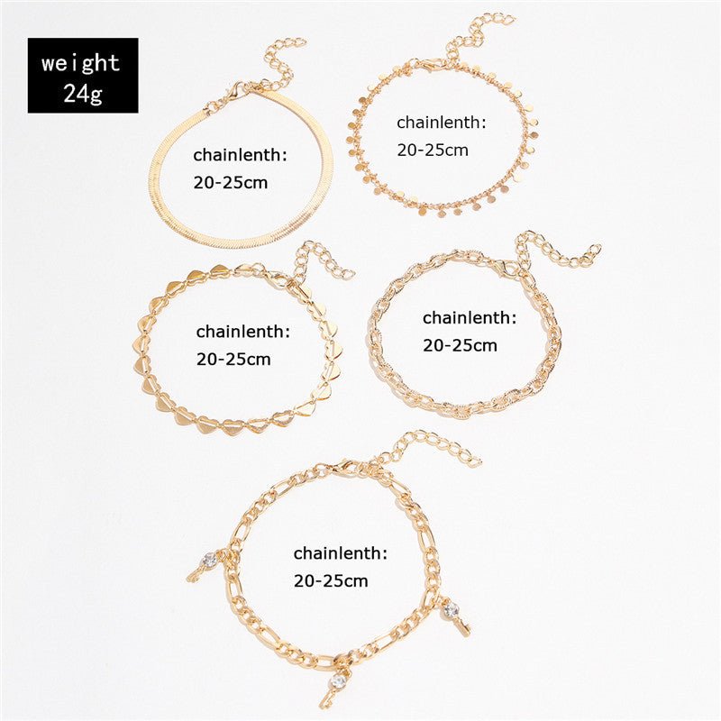 5 Pcs Snake Gold Color Heart Crystal Key Anklets Chain - BodycoutureeJewelryCJ dropshippingBodycoutureeCJST104139502BYCJST104139502BYB Gold5 Pcs Snake Gold Color Heart Crystal Key Anklets Chain - Bodycouturee