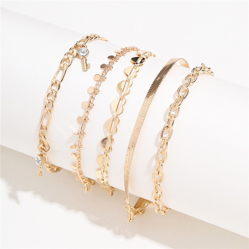 5 Pcs Snake Gold Color Heart Crystal Key Anklets Chain - BodycoutureeJewelryCJ dropshippingBodycoutureeCJST104139502BYCJST104139502BYB Gold5 Pcs Snake Gold Color Heart Crystal Key Anklets Chain - Bodycouturee