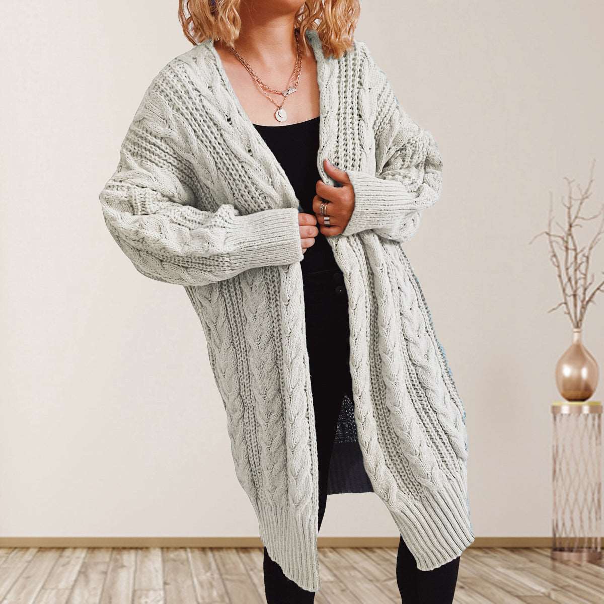 Cable-Knit Open Front Dropped Shoulder Cardigan - Bodycouturee