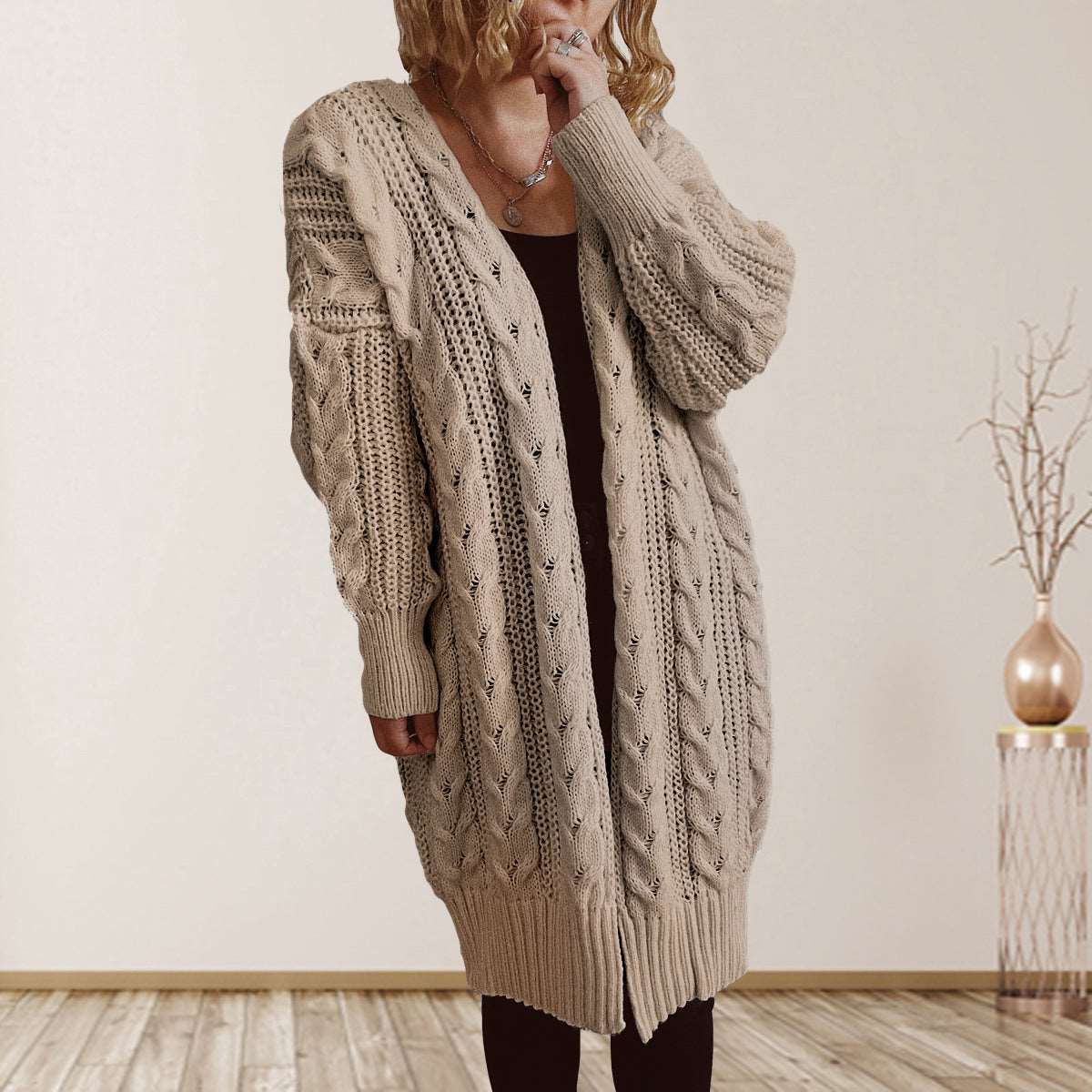 Cable-Knit Open Front Dropped Shoulder Cardigan - Bodycouturee