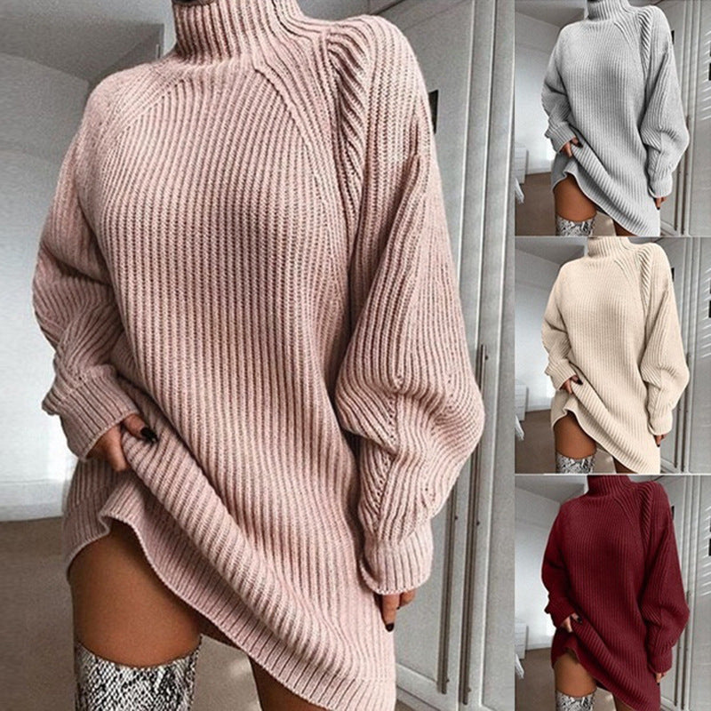 Solid Turtleneck Long Sweater Winter Warm Sweater Dress - Bodycouturee