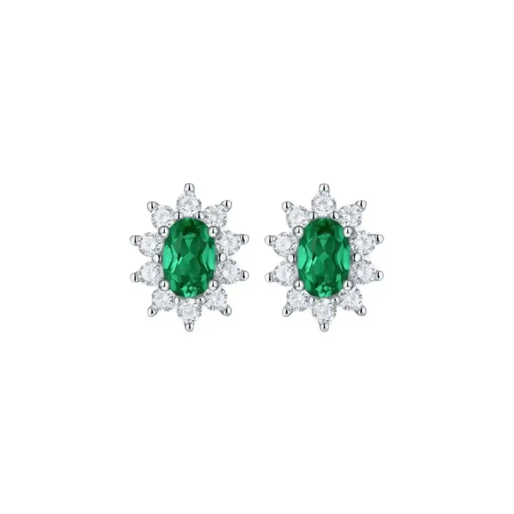 14K Gold Four-Prong Stud Earrings Oval Emerald Moissanite Studs Diamonds Body Couturee & Co