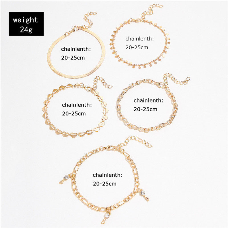 5 Pcs Snake Gold Color Heart Crystal Key Anklets Chain - Bodycouturee