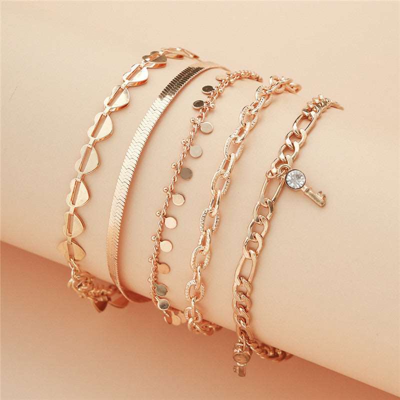 5 Pcs Snake Gold Color Heart Crystal Key Anklets Chain - Bodycouturee