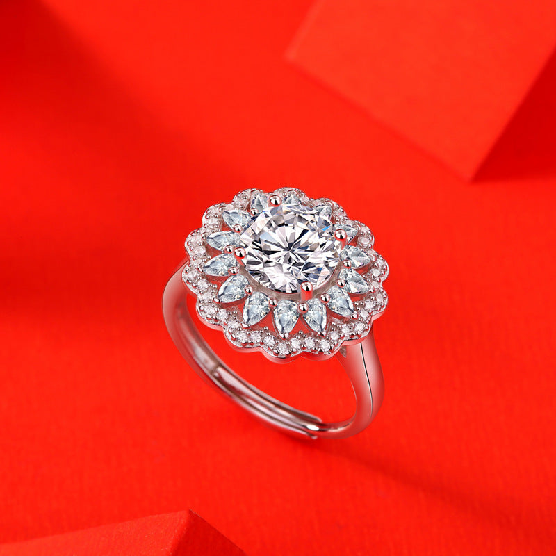 S925 Sterling Silver Moissanite Flower Diamond Adjustable Ring - Bodycouturee