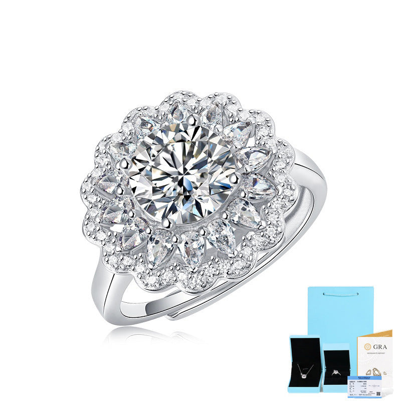 S925 Sterling Silver Moissanite Flower Diamond Adjustable Ring - Bodycouturee