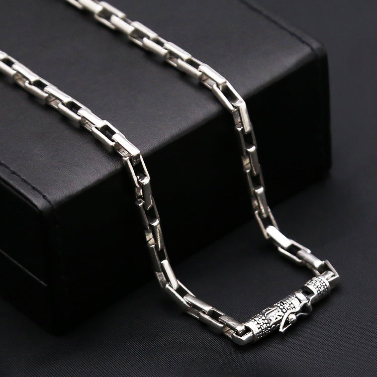 S925 Pure Thai Silver Hoop Retaining Ring Vintage Men's Box Chain Coarse Ore Necklace - Bodycouturee