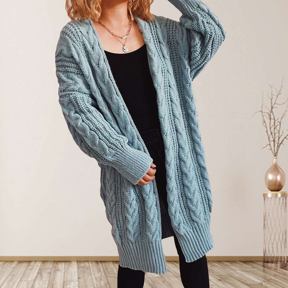 Cable-Knit Open Front Dropped Shoulder Cardigan - Bodycouturee