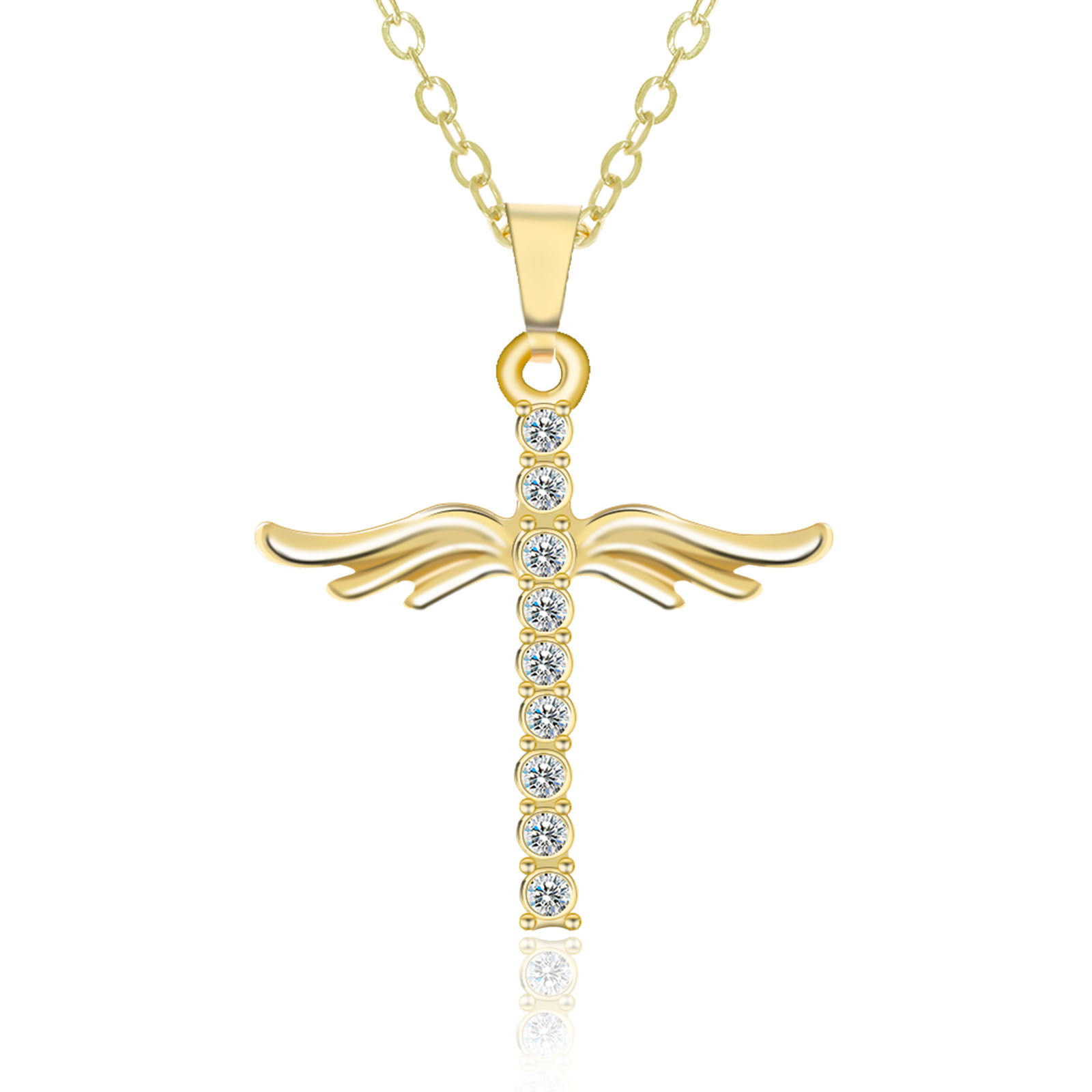 Simple Cross Diamond Angel Wings Pendant - Bodycouturee