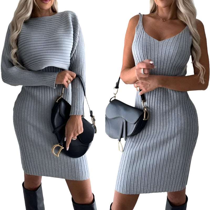 2pcs Suit Women's Solid Stripe Long-sleeved Top And Tight Suspender Skirt Fashion Autumn Winter Slim Clothing Body Couturee & Co