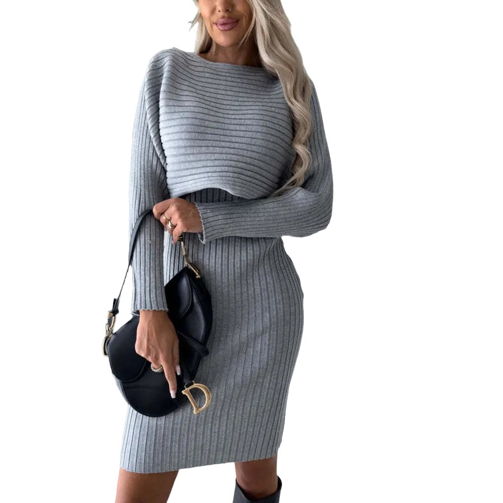 2pcs Suit Women's Solid Stripe Long-sleeved Top And Tight Suspender Skirt Fashion Autumn Winter Slim Clothing Body Couturee & Co