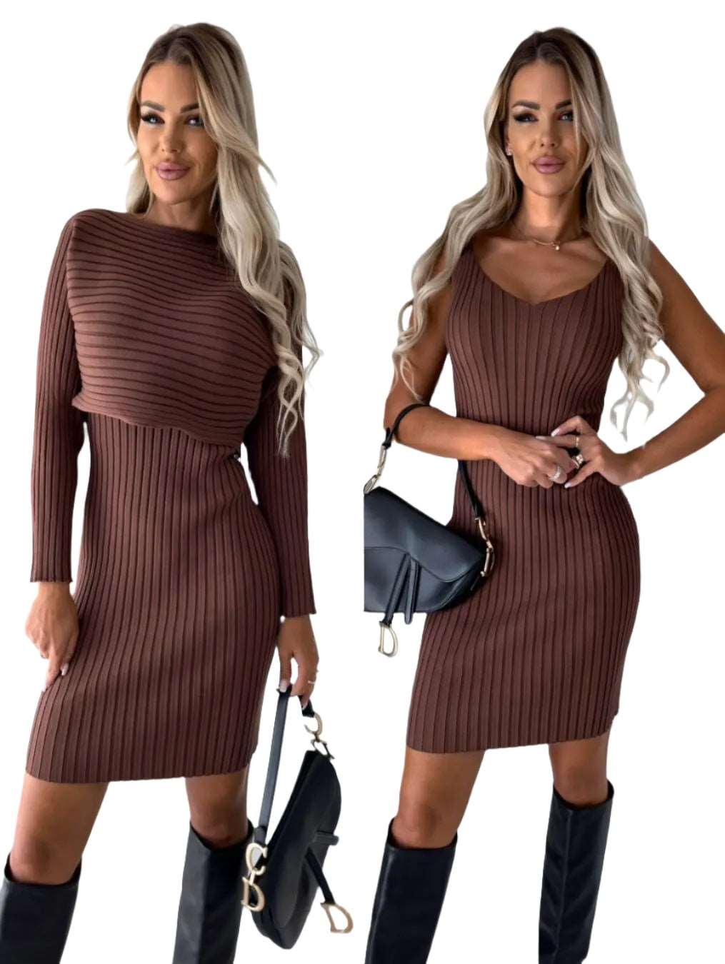 2pcs Suit Women's Solid Stripe Long-sleeved Top And Tight Suspender Skirt Fashion Autumn Winter Slim Clothing Body Couturee & Co