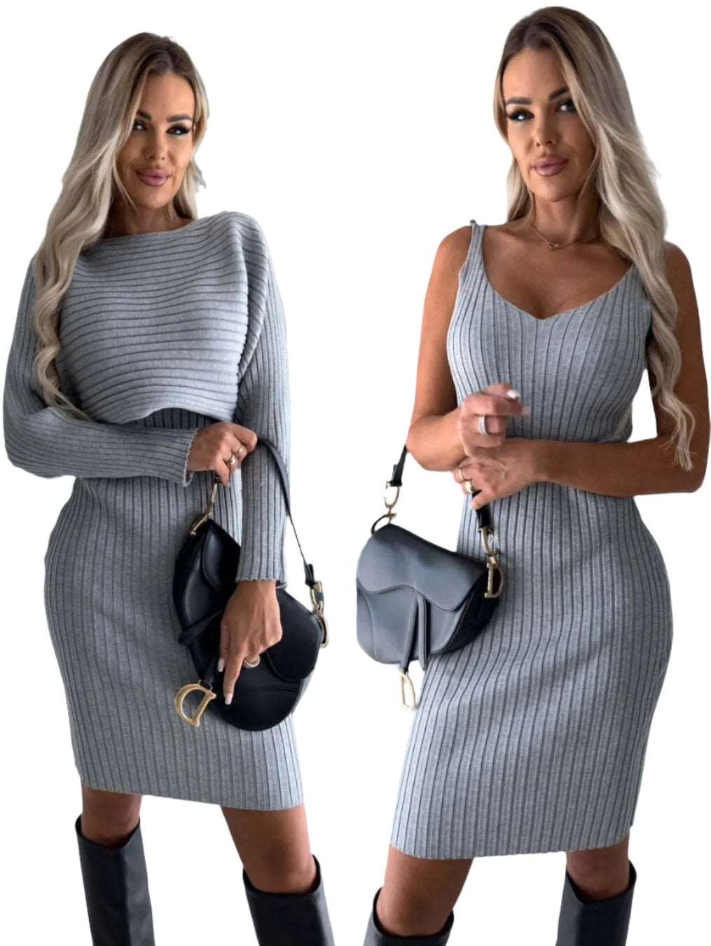 2pcs Suit Women's Solid Stripe Long-sleeved Top And Tight Suspender Skirt Fashion Autumn Winter Slim Clothing Body Couturee & Co