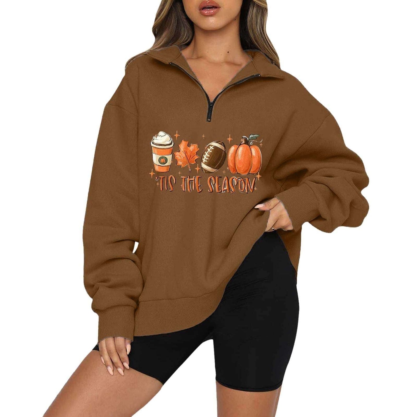 Halloween Pumpkin Print Casual Zipper Sweatshirt - Bodycouturee