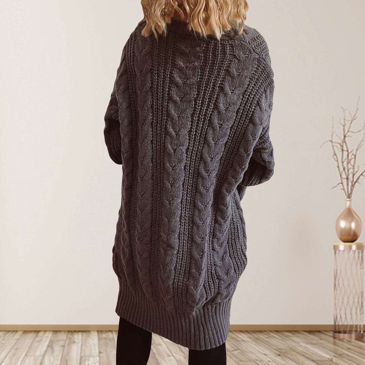 Cable-Knit Open Front Dropped Shoulder Cardigan - Bodycouturee