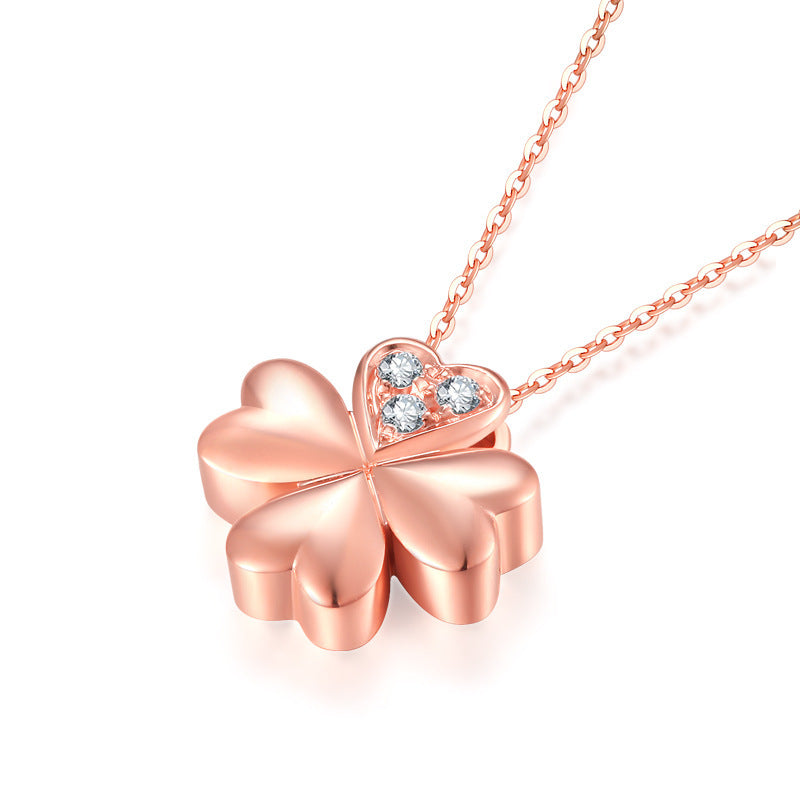 18K Gold Clover Rose Diamond Pendant Bone Chain - Bodycouturee