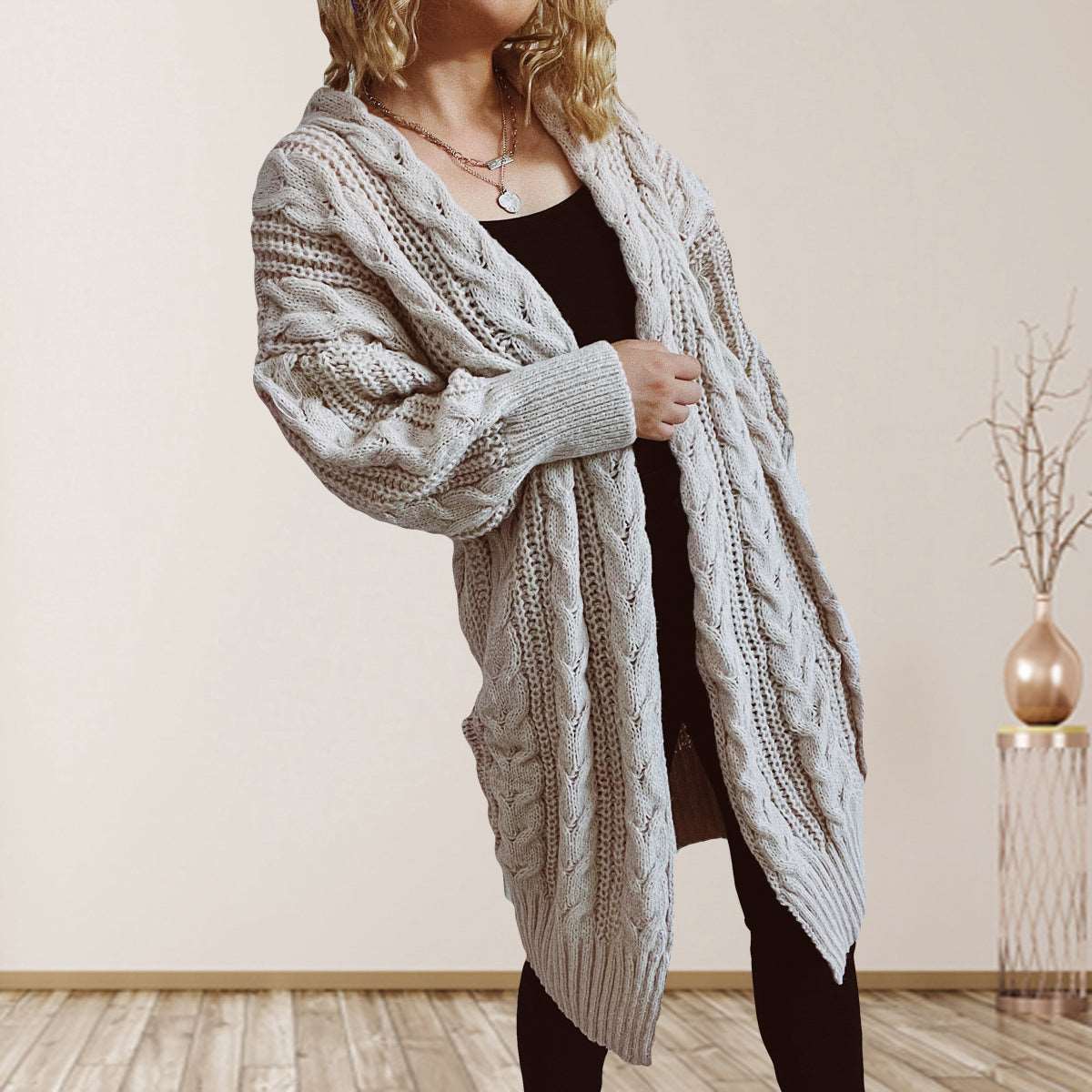 Cable-Knit Open Front Dropped Shoulder Cardigan - Bodycouturee