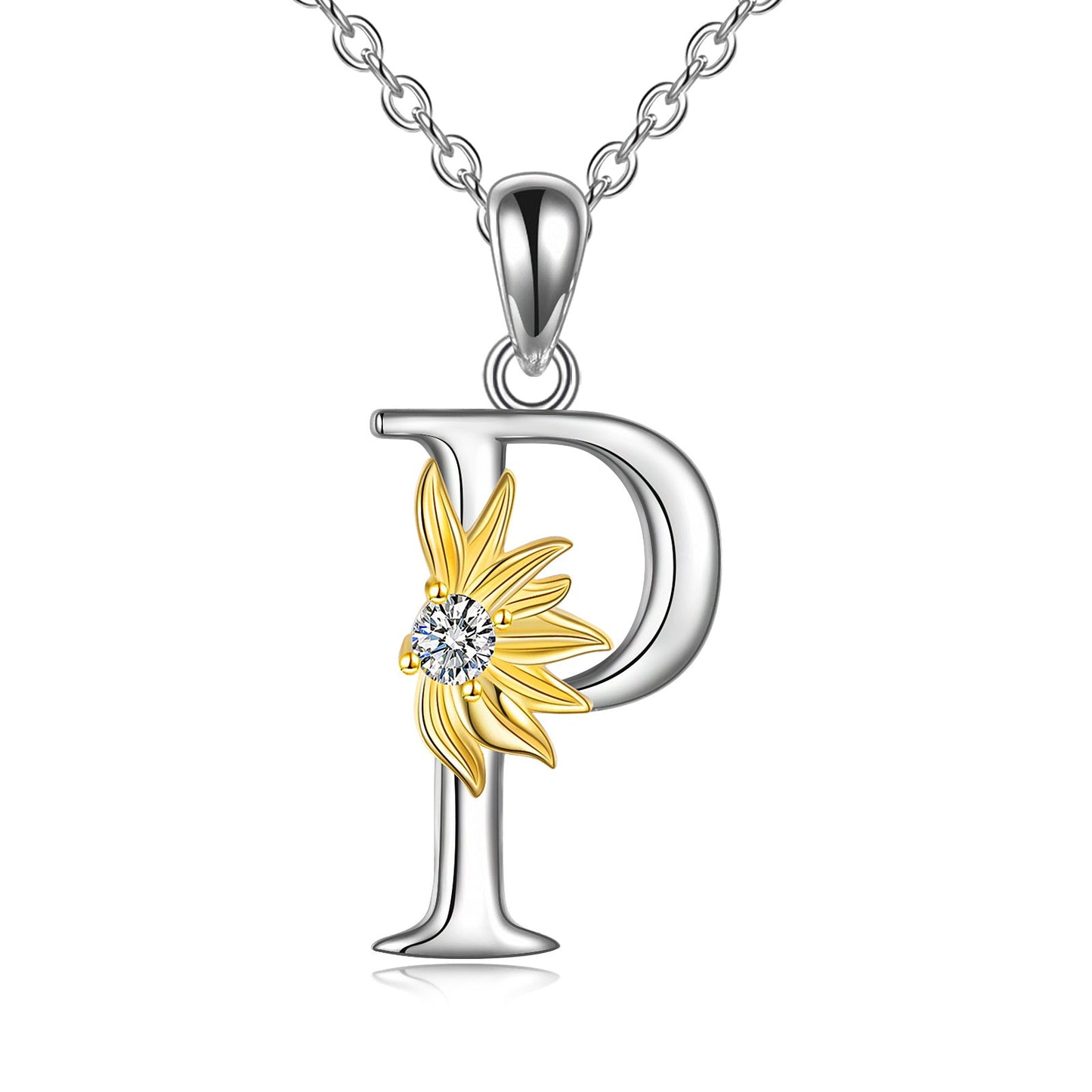 Sterling Silver Initial Alphabet Sunflower Letter Script Name Pendant Necklace - Bodycouturee