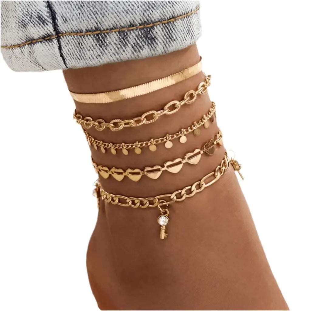 5 Pcs Snake Gold Color Heart Crystal Key Anklets Chain Body Couturee & Co