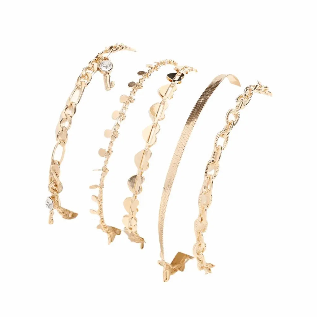 5 Pcs Snake Gold Color Heart Crystal Key Anklets Chain Body Couturee & Co