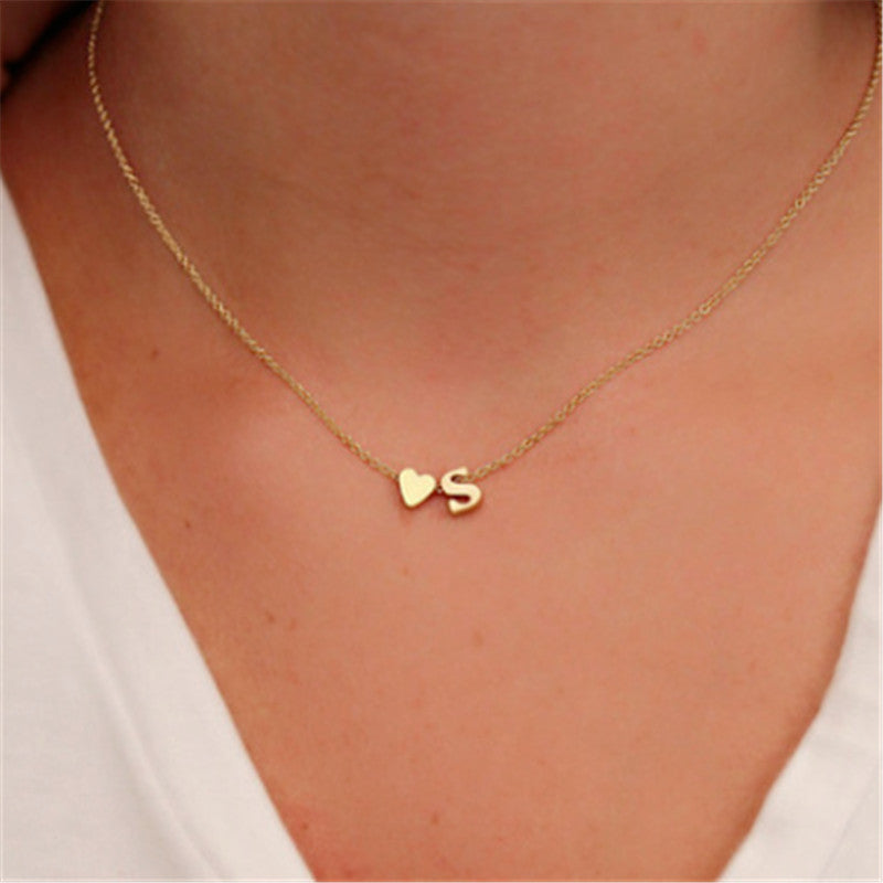 Peach Heart Shaped Letter Necklace Clavicle Chain Necklace - Bodycouturee