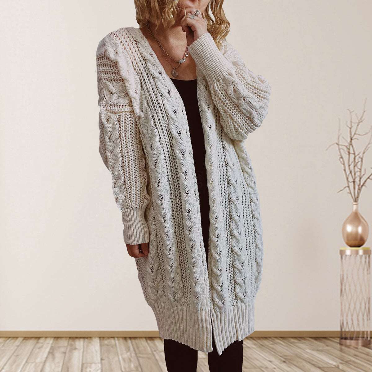 Cable-Knit Open Front Dropped Shoulder Cardigan - Bodycouturee