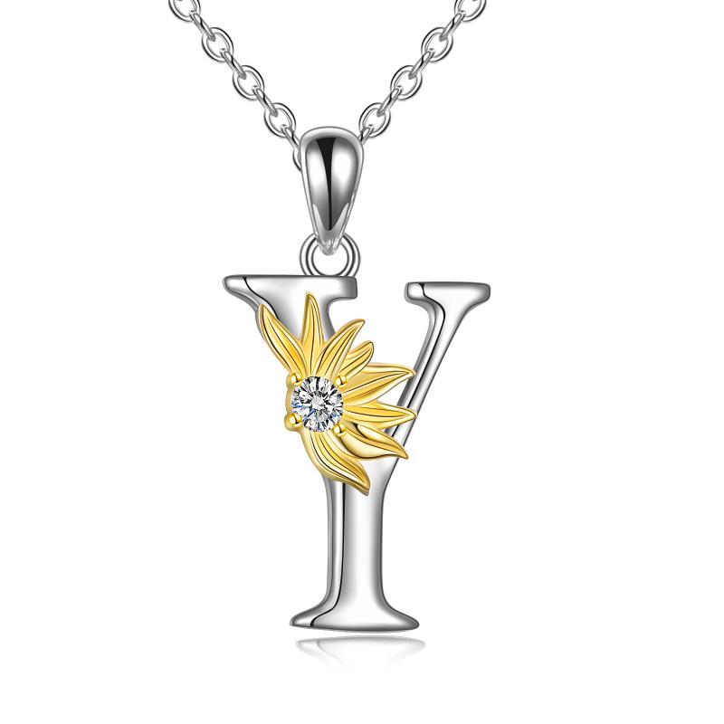 Sterling Silver Initial Alphabet Sunflower Letter Script Name Pendant Necklace - Bodycouturee