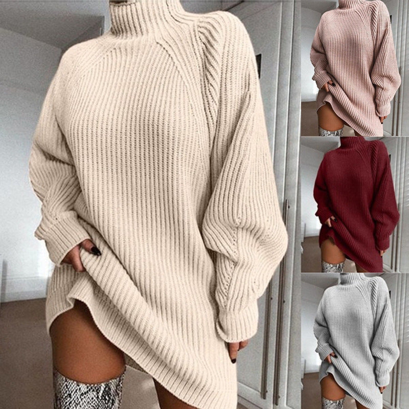 Solid Turtleneck Long Sweater Winter Warm Sweater Dress - Bodycouturee