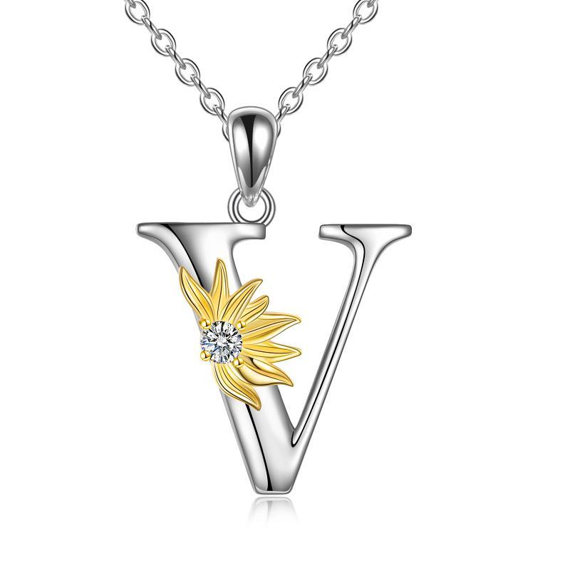 Sterling Silver Initial Alphabet Sunflower Letter Script Name Pendant Necklace - Bodycouturee