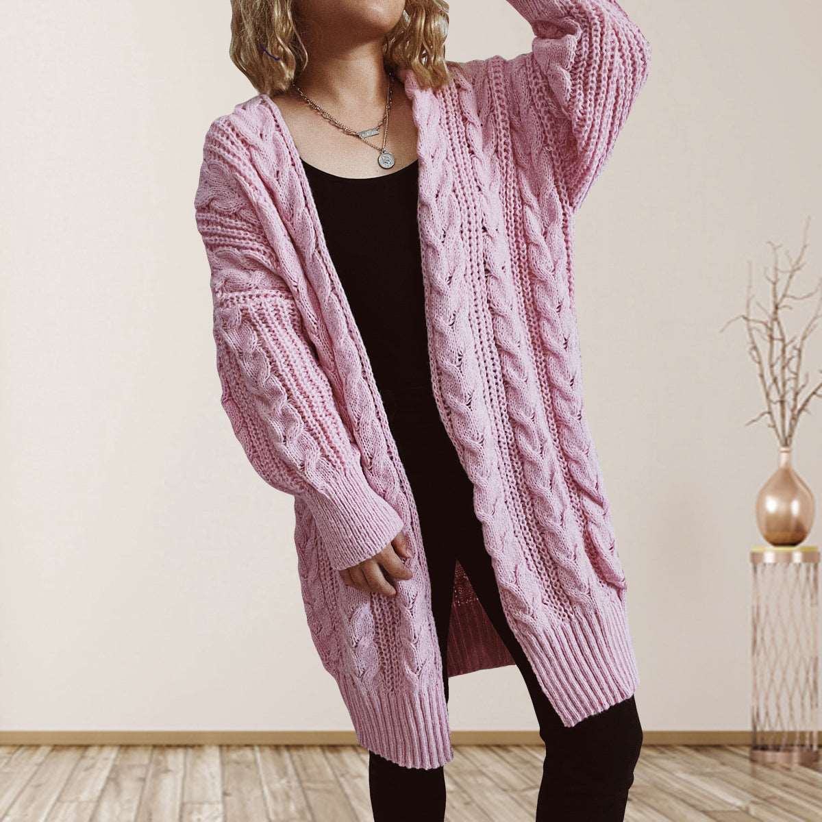 Cable-Knit Open Front Dropped Shoulder Cardigan - Bodycouturee