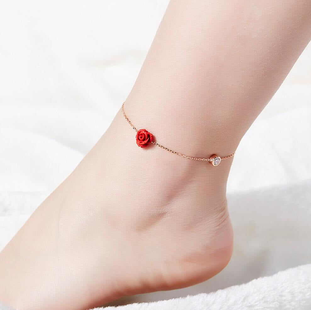 Rose flower 925 Sterling Silver Ankle Bracelet - Bodycouturee