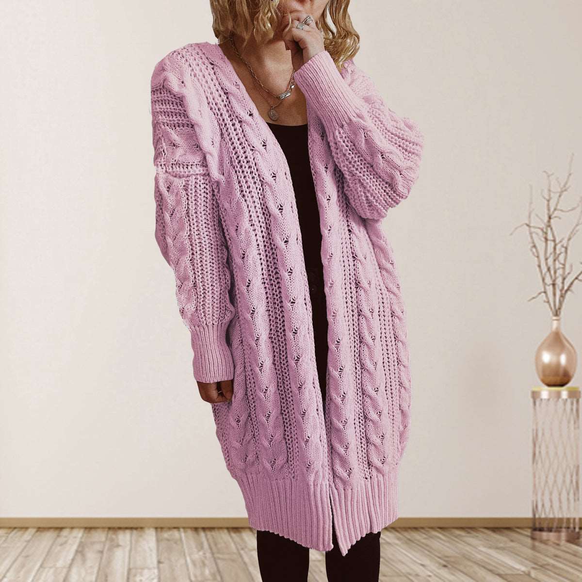 Cable-Knit Open Front Dropped Shoulder Cardigan - Bodycouturee