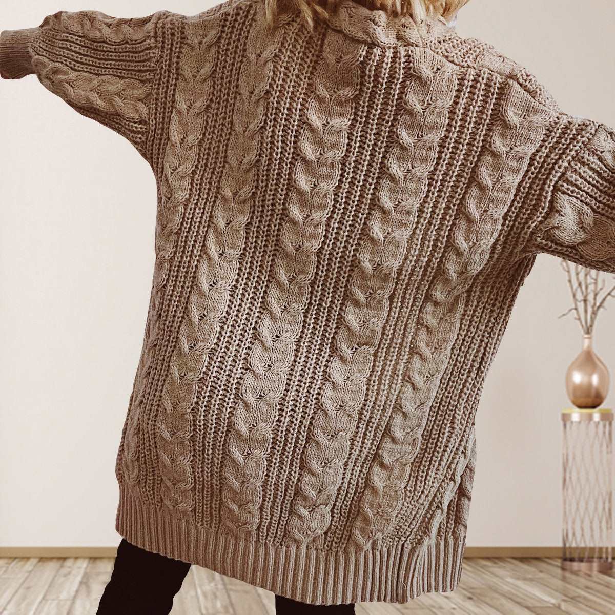 Cable-Knit Open Front Dropped Shoulder Cardigan - Bodycouturee