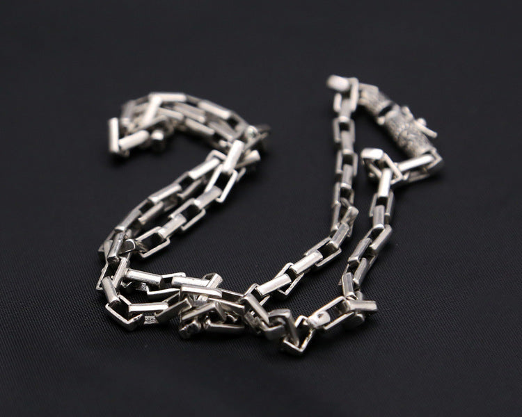 S925 Pure Thai Silver Hoop Retaining Ring Vintage Men's Box Chain Coarse Ore Necklace - Bodycouturee