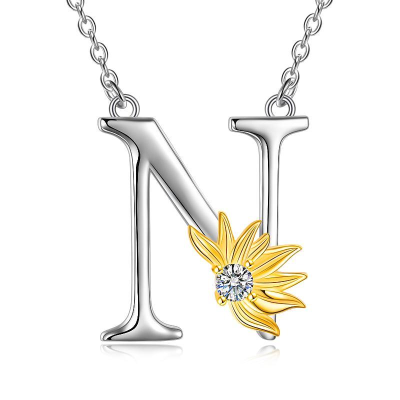 Sterling Silver Initial Alphabet Sunflower Letter Script Name Pendant Necklace - Bodycouturee