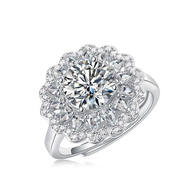 S925 Sterling Silver Moissanite Flower Diamond Adjustable Ring - Bodycouturee