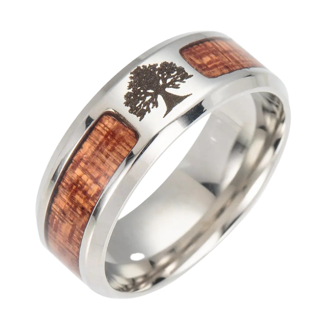 Asgard Crafted Handcrafted Stainless Steel Celtic Tree Of Life And Wood Inset Wedding Ring Body Couturee & Co