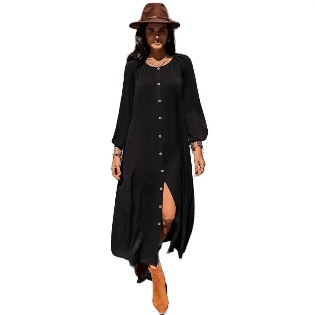 Button Down Maxi Casual Long Sleeve Dress Trendsi