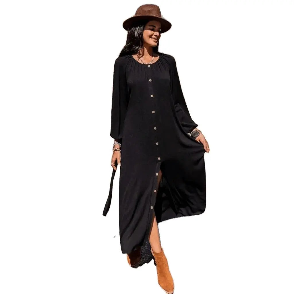 Button Down Maxi Casual Long Sleeve Dress Trendsi