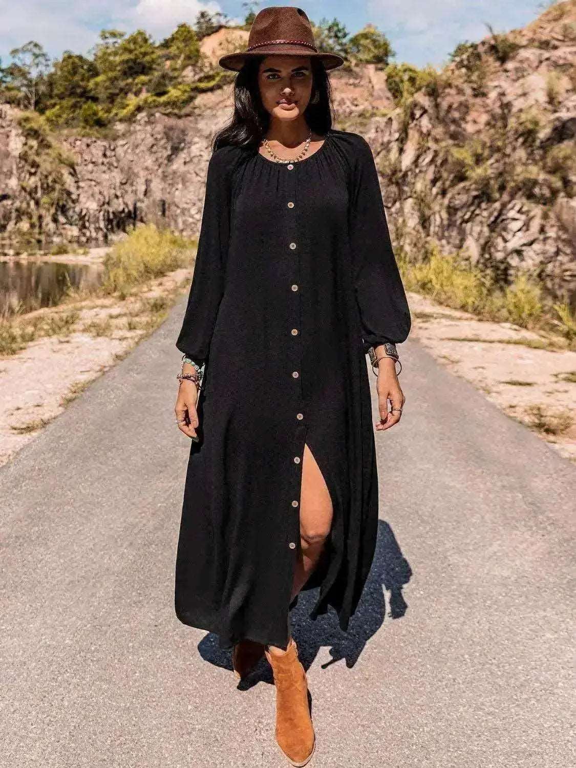 Button Down Maxi Casual Long Sleeve Dress Trendsi