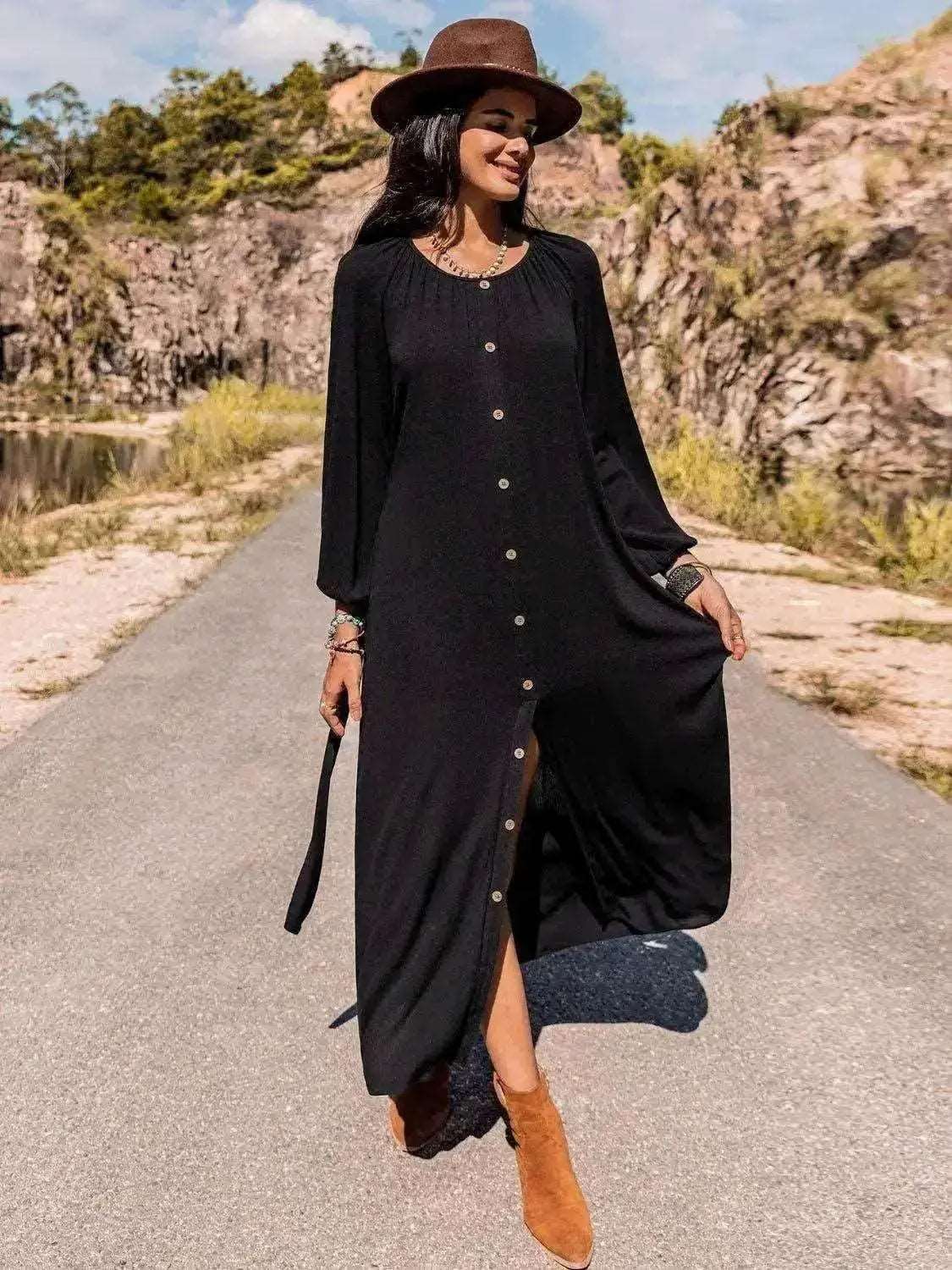 Button Down Maxi Casual Long Sleeve Dress Trendsi