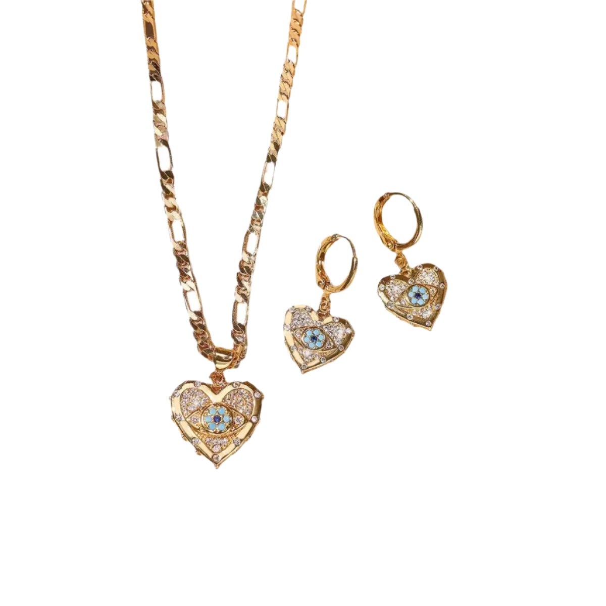 Gold Chain Heart-shaped Evil Eye Pendant Necklace Set - Bodycouturee