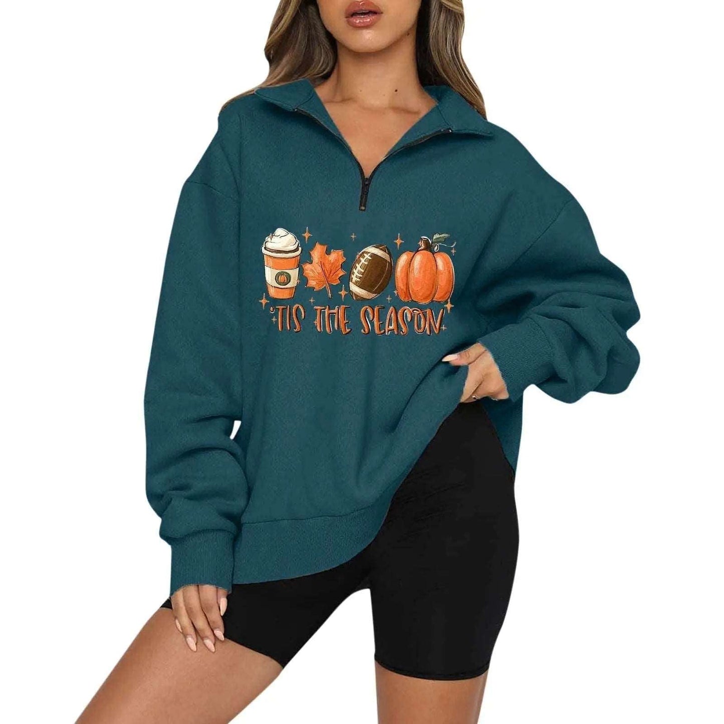 Halloween Pumpkin Print Casual Zipper Sweatshirt Body Couturee & Co