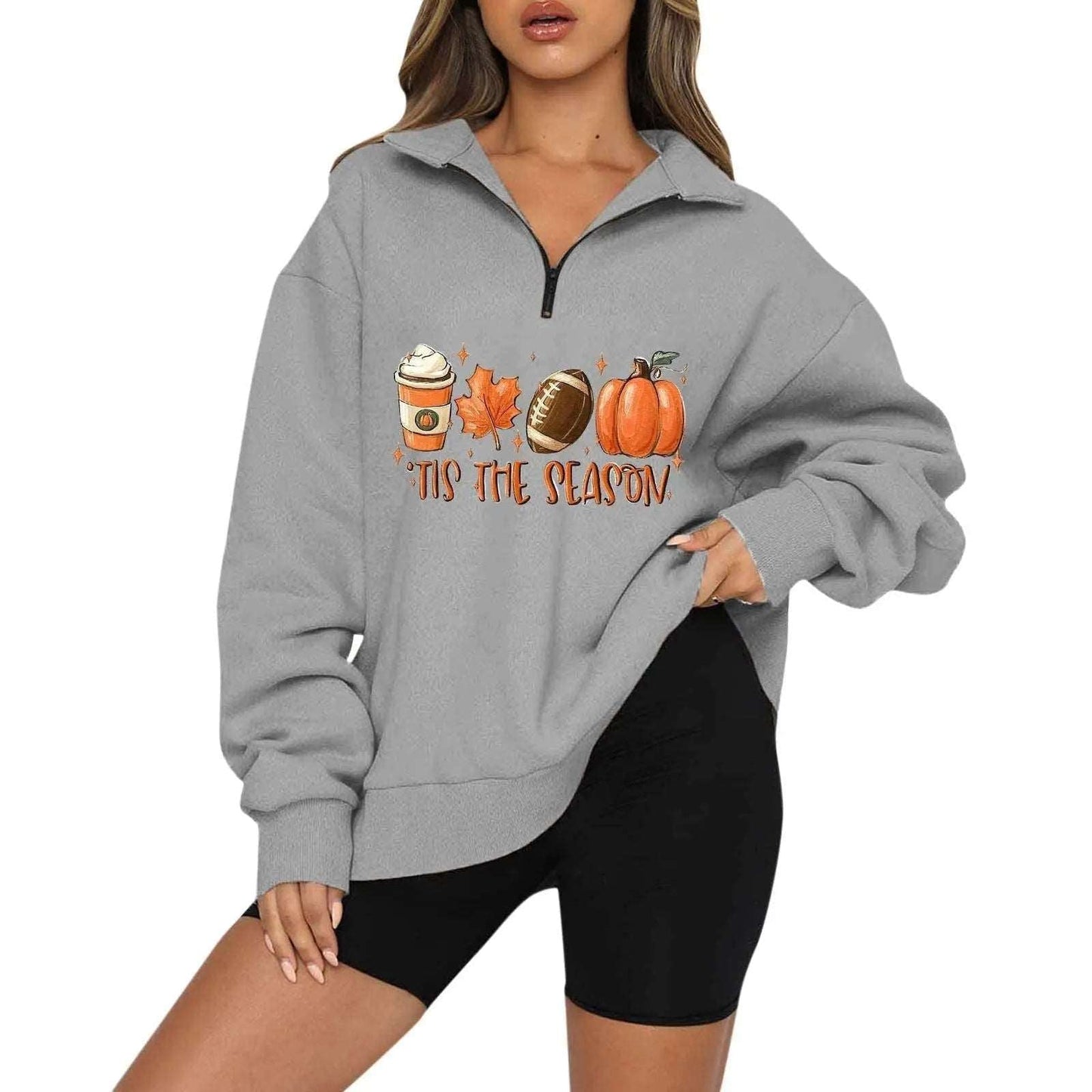 Halloween Pumpkin Print Casual Zipper Sweatshirt Body Couturee & Co