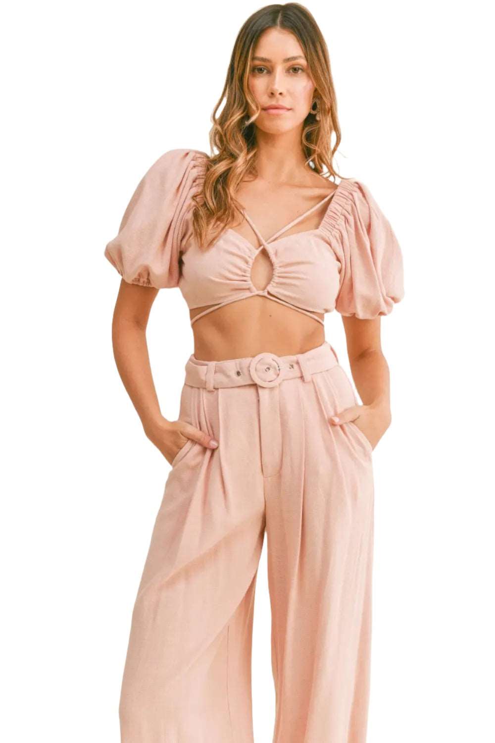 MABLE Cut Out Drawstring Crop Top and Belted Pants Set Trendsi