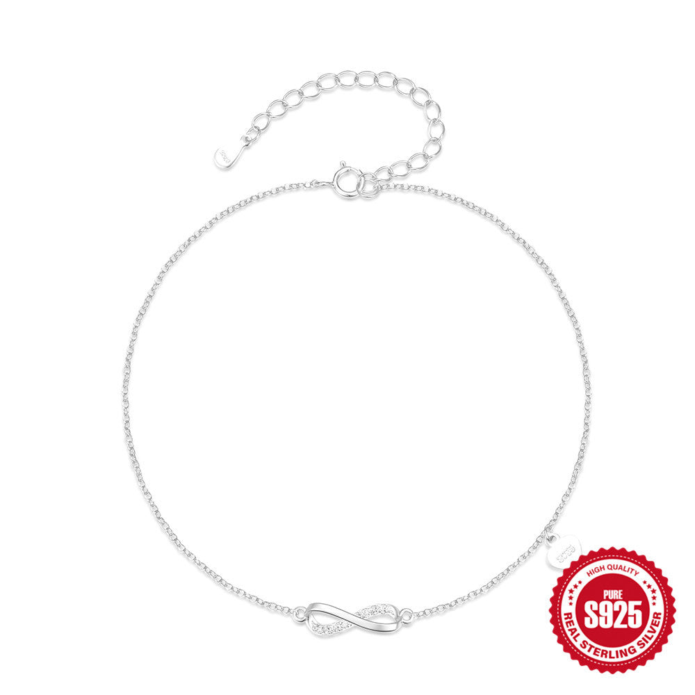 s925 Sterling Silver Simple Infinite Symbol 8-word Diamond Love Anklet - Bodycouturee