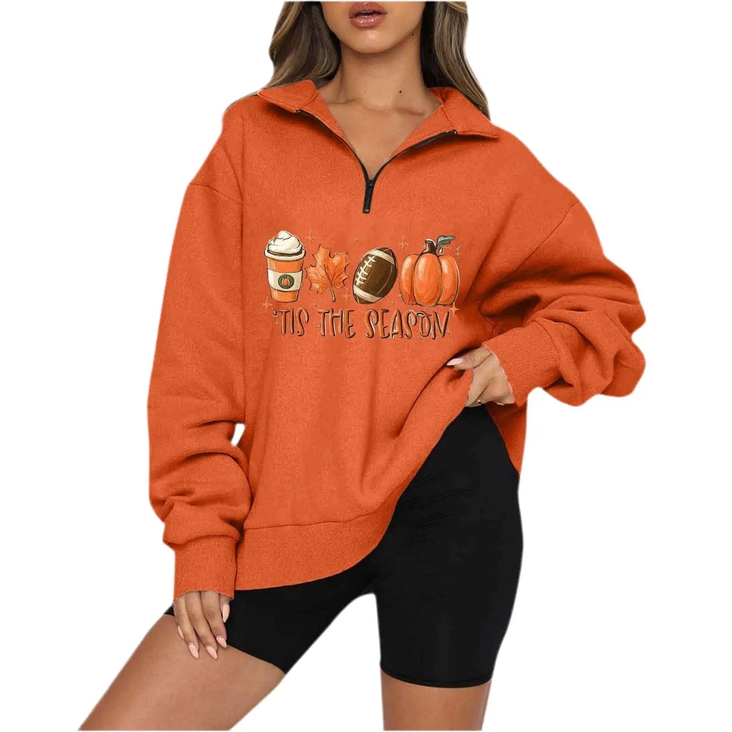 Pumpkin Print Casual Zipper Sweatshirt Body Couturee & Co