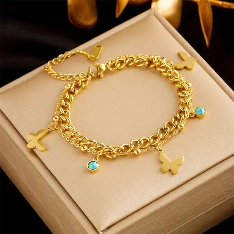 Stainless Steel Gold Double Layer Bracelet Chain - Bodycouturee