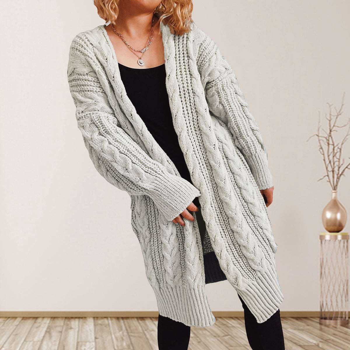 Cable-Knit Open Front Dropped Shoulder Cardigan - Bodycouturee