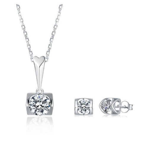 S925 Sterling Silver Inlaid Moissanite Stud Necklace Two Piece Set - Bodycouturee